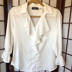 Karl Lagerfeld White Silky Ruffled Blouse Pearls L